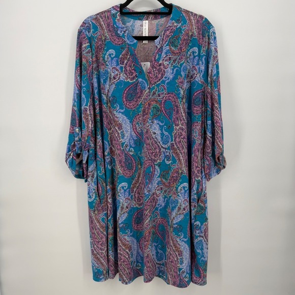 Dear Scarlett Dresses & Skirts - Dear Scarlett Teal Pink Paisley Roll‎ Tab Sleeve Shift Dress 2X Non Wrinkle